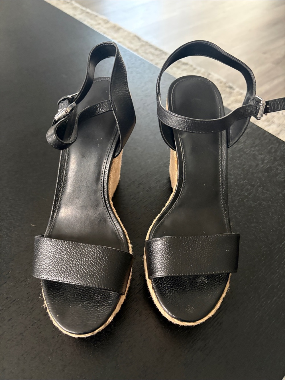 MICHAEL Michael Kors Black Leather Ankle-Strap Espadrille Wedges